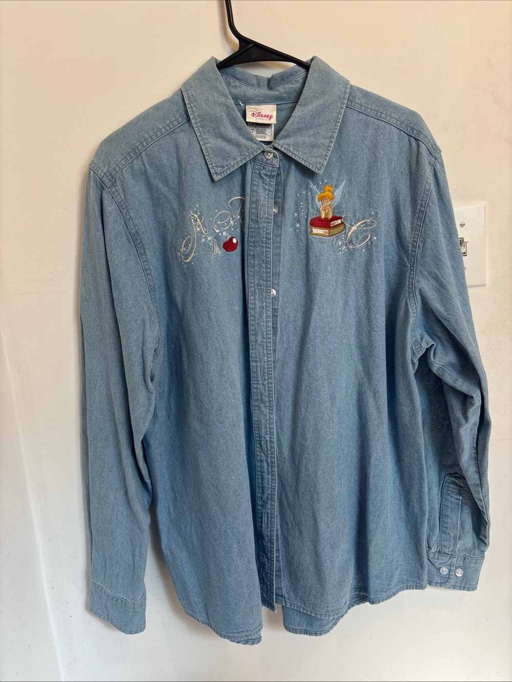 Disney Light Blue Denim Button-Front Shirt with Embroidered Character